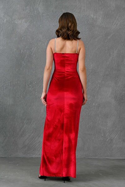 bayansepeti Red Maxi Velvet Dress with Stone Detail - Low-Cut and Slit582335