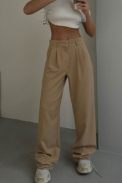 lovebox Women's Light Beige Waist Fold Palazzo Pants 23S01008