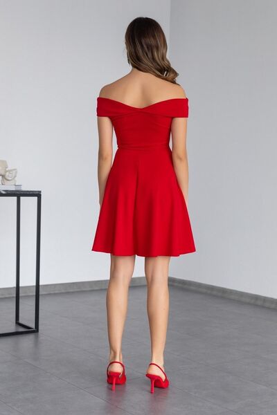 bayansepeti Women's Flexible Scuba Crepe Fabric Madonna Neck Flared Cut Red Dress 079
