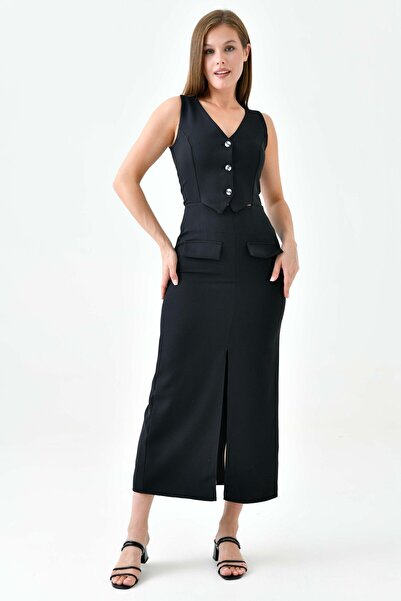 lovebox Kadın İkili Takım Görünümlü Yırtmaç Detaylı Midi Boy Tek Parça Siyah ...