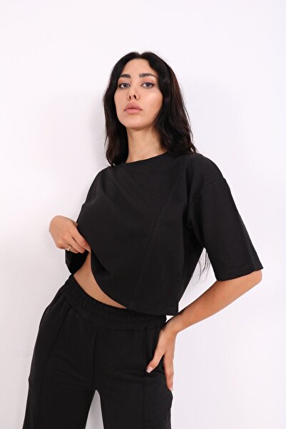 Modark Μαύρο Oversize Crop Παντελόνι και Φούτερ Σετ - Φαρδύ Πόδι