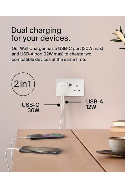 Belkin BoostCharge 42W Dual Port Wall Charger, USB-C + USB-A for Fast Charging iPhone 15, Galaxy S24 & More