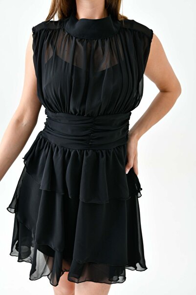 lovebox Black Mini Evening Dress - Lined Chiffon, Stand Collar and Tiered Skirt - Sleeveless 093