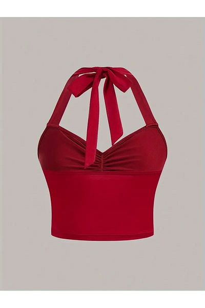 Wild Flower Red Open Back Front Drawstring Crop Top for Spring and Summer