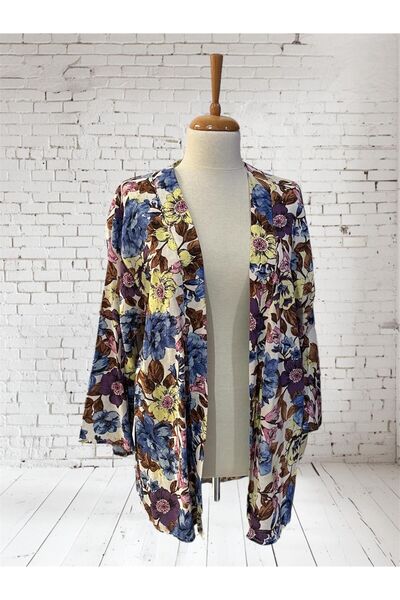 PARA Tİ Kadın taş renk üzeri çiçek desen keten kaftan kimono