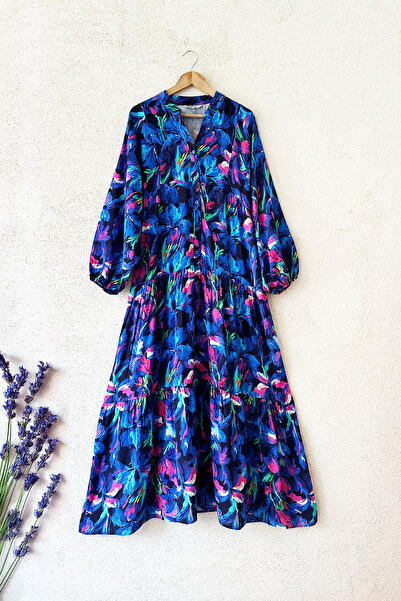 MODAQU Μπλε φόρεμα από βισκόζη με μαρμάρινο σχέδιο, μοντέλο 6065