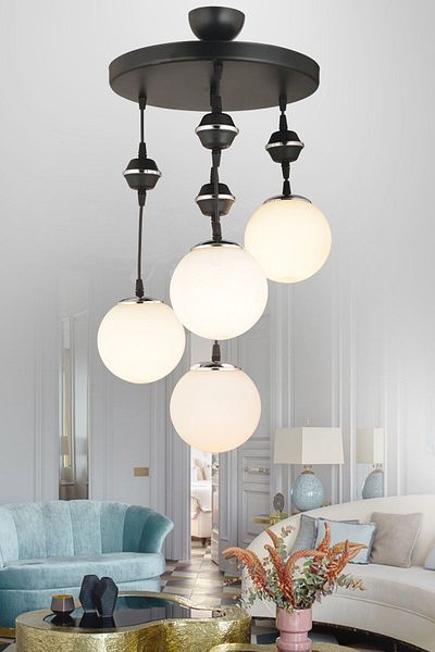 SONSUZ AYDINLATMA&AVİZE Pendant Lamp Tray Black 4-Piece White Glop Top Glass Chrome Downward Facing Luxury Chandelier