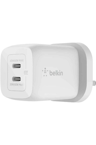 Belkin 65W Dual USB-C Wall Charger, PD 3.0 with GaN for iPhone 15/14/13, iPad, MacBook, Galaxy S24 - White