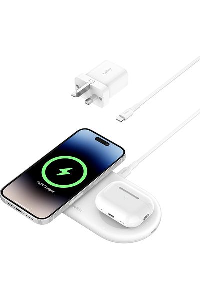 Belkin BoostCharge Pro 2-in-1 15W Qi2 Wireless Charging Pad for iPhone 15, AirPods, MagSafe - White