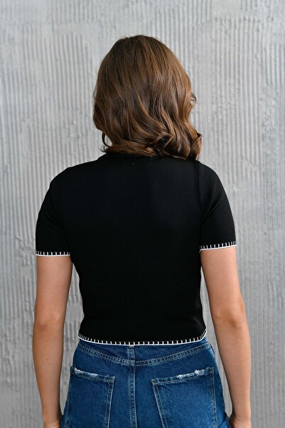 bayansepeti Black Knitwear Blouse with Embroidery Detail - Short Sleeve 2414