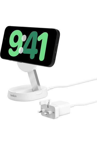 Belkin BoostCharge Pro 15W Convertible MagSafe & Qi2 Fast Charger Stand, 20W PSU, for iPhone 15 - White