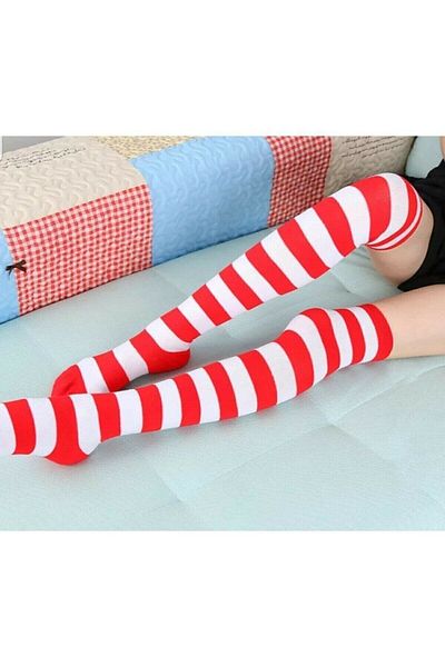 lovebox Red White Striped Women's Cotton Knee High Sports Socks - 005