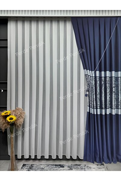 Emes Lüks Damask Desenli Üst Kalite Pano Fon Perde Lacivert Gümüş SIK PİLE ( ...