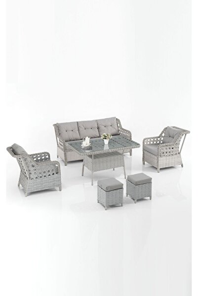 Evdemo Eren Rattan Puflu Bahçe Balkon Takımı 3+1+1 Gri