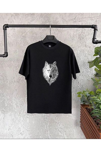 BİKOMBİNE Ανδρικό T-Shirt - Wolf Print και μαύρο