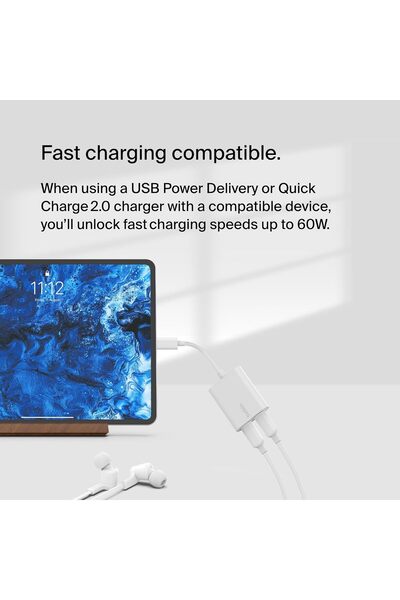 Belkin RockStar™ USB-C Audio + Charge Adapter - 60W Fast Charging for iPhone, iPad, Pixel & More - White