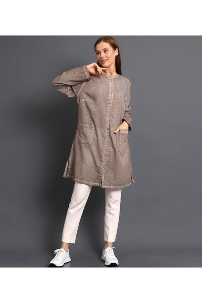 NUR TEKSTİL kadın bej %100 Pamuk Şile Bezi ve Taş işlemeli  yıkama gömlek   t...