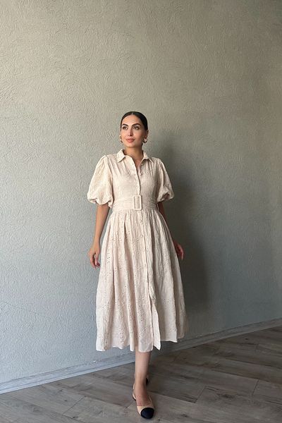 Seda Yalçın Atelier Beige Embroidery Dress - Balloon Sleeve and Pleat Detailed Belt