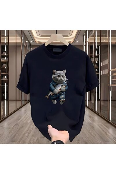 BİKOMBİNE Balık Kedi Baskılı Siyah Erkek Tshirt