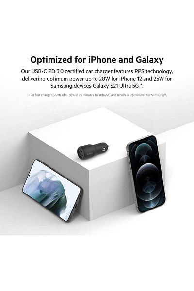 Belkin 37W Dual Port Fast Car Charger with USB-C 25W PPS & USB-A 12W for Samsung & iPhone Models