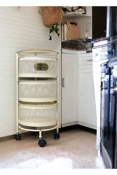 Ecolux 3-Tier Crisper - Side Opening Basket, 3 Compartments with Wheels Cream Ecolux