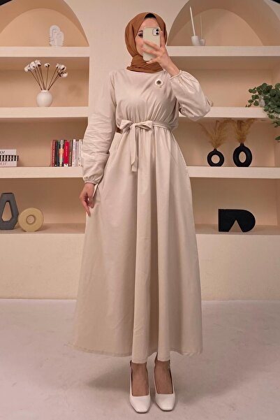 Basicpark Woven Stone Dress with Oranje Brooch and Pockets