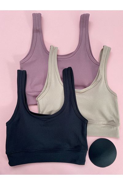 LEYNA BUTİK Women's 3-Piece Corded Fabric Thick Straps with Removable Pads Blouse-Half Undershirt (Plum-Black-Stone Grey)