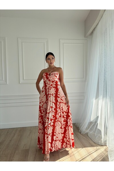 Bettnes PİLİSELİ KIRMIZI ÇİÇEK DESEN UZUN ELBİSE ÇAPRAZ ASKI DETAY