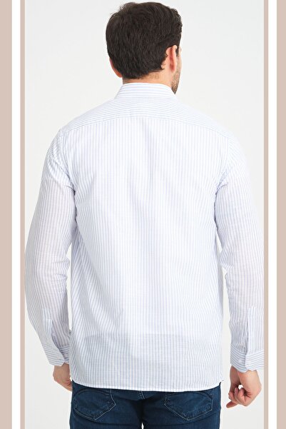 Varetta Cămașă pentru bărbați cu mânecă lungă, cu dungi albastre, cu efect de in