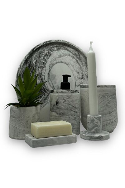 betonmall طقم حمام خرساني منقوش بالرخام مكون من 7 قطع، صينية توزيع الصابون السائل الصلبة، حامل شموع