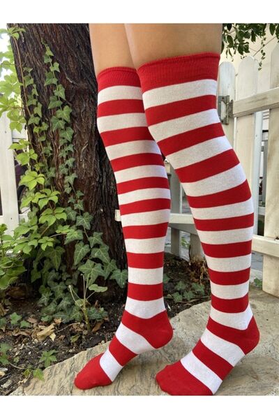 bayansepeti Women's Red White Striped Cotton Over The Knee Sports Socks