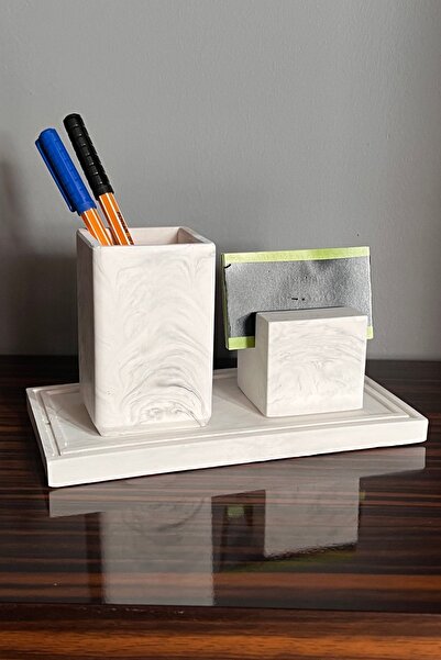 thebouqet طقم حامل قلم خرساني منقوش بالرخام مكون من 3 قطع وحامل بطاقات عمل