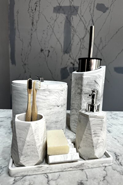 betonmall طقم حمام خرساني بنمط رخامي مكون من 8 قطع، موزع صابون سائل صلب، حامل فرشاة الأسنان، سلة المهملات، حامل فرشاة المرحاض