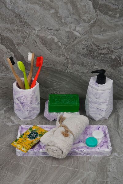 betonmall Set de baie din beton cu model de marmură violet, 4 bucăți, suport pentru periuță de dinți, tavă pentru săpun lichid solid