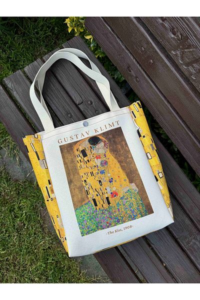 pamukcanta Gustav Klimt Washable Canvas Bag with Metal Snaps - Pocket