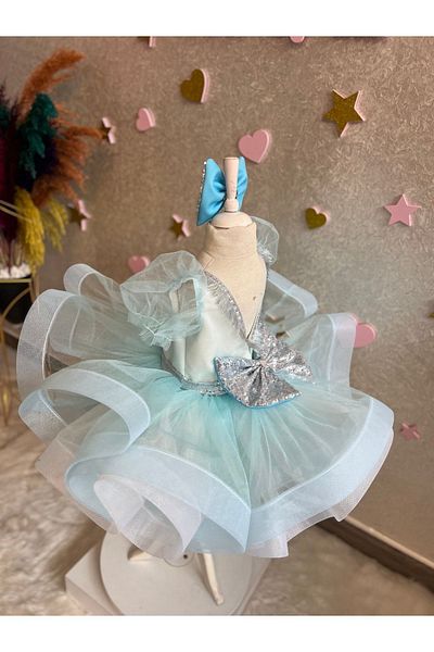 NA ADDESIGN Rochie de seară pentru fetiță, pufoasă, albastră, cu tul argintiu