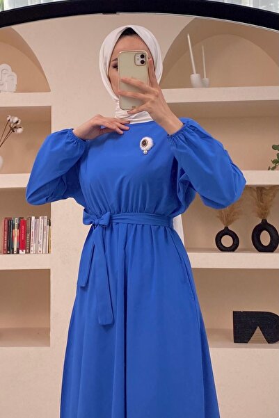 Basicpark Woven Saks Dress with Orange Brooch and Pockets