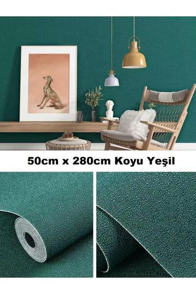 Renkli Duvarlar Kendinden Yapışkanlı Koyu Yeşil Duvar Kağıdı Folyolu Dokulu Esnek Silinebilir 50x280 Cm (1,4m2) RDA6