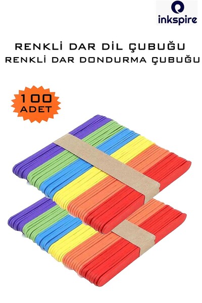 inkspire 100'lü Renkli Dar Ahşap Dil Çubuğu Dondurma Çubuğu Abeslang Çubuğu R...