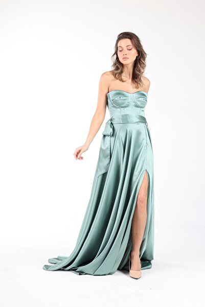 ALİS DRESS Küf Yeşili Saten Straplez Ucuz Abiye