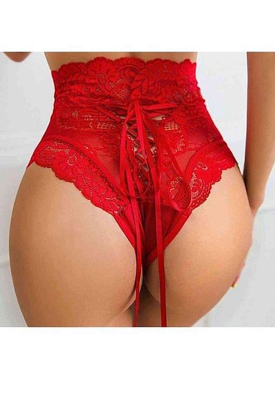bayansepeti Stretchy Lace High Waist Red Brazilian String with Back Lace Detail