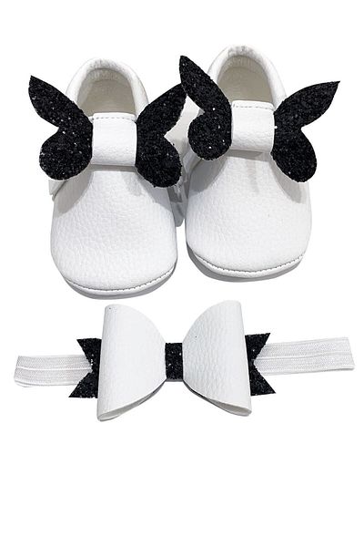 Meduza Baby Baby Moccasin Black Front Silver Butterfly And Headband