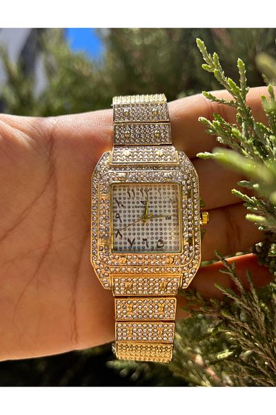 Gold Power Luxury Women's Wristwatch - Stone Detailed, Arabic Numeral and Calendar