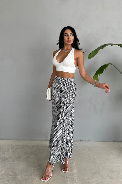 Ortaya Çık Satin Midi Length Zebra Patterned Skirt