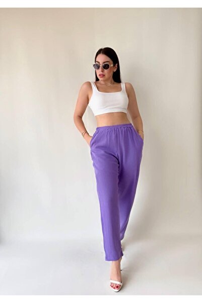 merlavin Țesătură de in bumbac - Pantaloni de damă cu buzunare și căptușeală ...