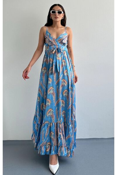 laughs Rochie lungă din satin cu decolteu în V - Mască elegantă cu bretele, detaliu de legare și imprimeu cu volan