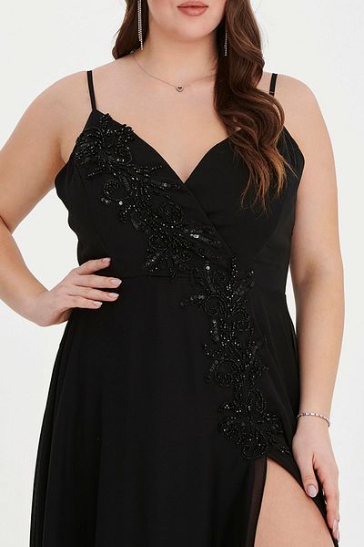 EVEN plus size Plus Size Black Jewelled Chiffon Evening Dress