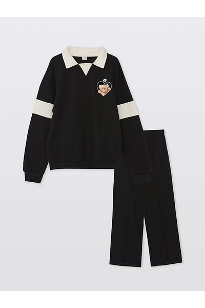 LC Waikiki LCW Kids - Girl's Polo Collar Sweatshirt and Pants Set