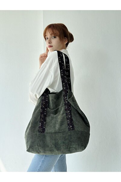 Retrobird Design Velvet Tote Bag Shopping Bag Women Khaki