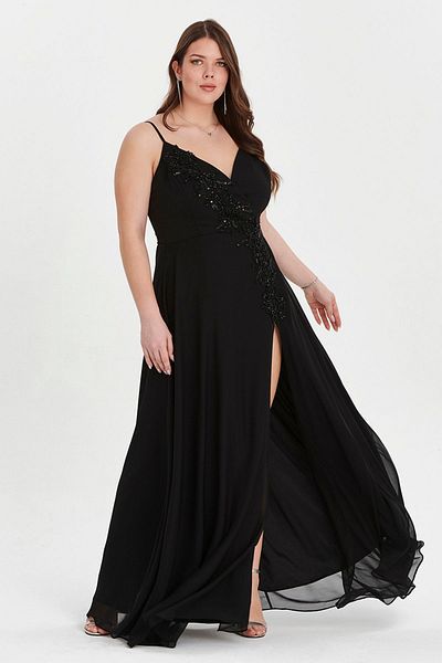 EVEN plus size Plus Size Black Jewelled Chiffon Evening Dress